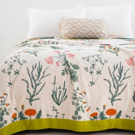 Purefair 100% Muslin Cotton Throw Blanket for Bed Couch Chair, Botanical Plant Floral Printed Quilt Ultra Soft Reversible Gauze Blanket for All Season, 90"x98"