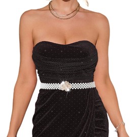 Tgirls Pearl Belt Wedding Bridal Sash Elastic Crystal Dress Belts for Women Rhinestone Sash Belt White Beaded Waistband (G-1)