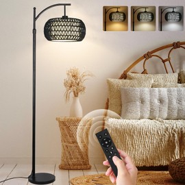 ZECOXOL Arc Floor Lamp with 3 Color Temperatures, Dimmable LED Black Floor Lamp with Remote Control, Boho Standing Lamp with Rattan Wicker Shades, Farmhouse Tall Pole Lamp for Living Room Bedroom