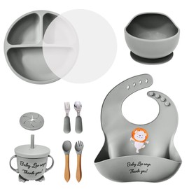 Baby Feeding Set 12 Piece Led Weaning Supplies Suction Bowl and Plate, Divided Plate, Spoon, Fork, Cup, Adjustable Bib Baby Self Feeding Utensils - Baby Feeding Supplies (Grey)