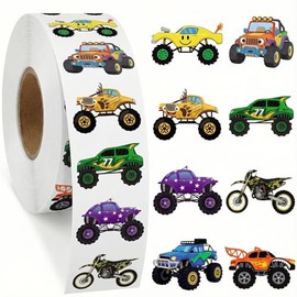 1.5 inches 500pcs Cartoon Car Stickers Roll - Self-Adhesive Monster Truck & Motorcycle Decorative Stickers for for Water Bottles, Laptops, Journals,Classroom Rewards,Party DIY,Seal Stickers
