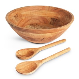 Wooden Salad Bowl Set - Food Safe & Sustainable Decorative Bowl - Wood Bowl for Fruits, & Salads - Easy to Clean Large Salad Bowls Set w/ Spoon, Fork – Wooden Bowls for Food - 12” x 4” x 12”
