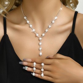 GIGB PBDK Rhinestone Bridal Necklace Earrings Sets for Women Bohemia Silver Crystal Pearl Dangle Tassel Earrings Minimalist Zircon Y Choker Wedding Jewelry Gift (White)