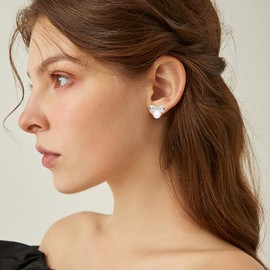 JIMARIN Aesthetic Dainty Sparkly Crystal Rhinestone Bow Pearl Dangle Drop Stud Earrings For Women (Small Silver)