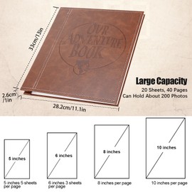 Self-Stick Page Adventure Book Scrapbook Photo Album,40 Pages Leather Cover DIY Photo Book for Family,Anniversary Wedding,Travel Memories Holds 3X5, 4X6, 6X8, 8X10 Photos (Brown)
