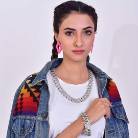 EMESLY Miami Cuban Link Curb Chain Gold/Silver Necklace (22 Inches) & Bracelet (8 Inches) for Men & Women; Perfect Iced Out Bling Jewelry Gift, Zinc, No Gemstone