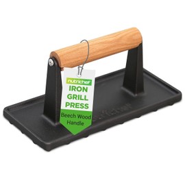 Nutrichef Cast Iron Grill Press - Heavy-Duty Griddle Press with Wooden Handle, Speeds Up Cooking Time on Steak, Burger Patty, Meats, Bacon, Quesadillas & More, Leave an Attractive Mark on Any Meat