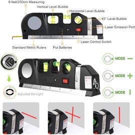 Zeerkeer Laser Level, Multipurpose Level Line Tool for Picture Hanging, Spirit Levels Lasers, 8ft Measuring Tape, Adjusted Standard and Metric Tape Ruler, 3 Bubbles Horizontal, Vertical, 45°