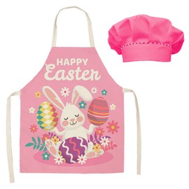 Kids Apron and Chef Hat Set Cute Easter Rabbit Eggs Canvas Apron for Adults Funny Cartoon Kitchen Bib for Mon Painting Cooking Baking