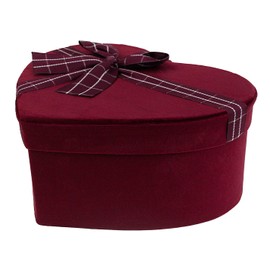 Emartbuy Rigid Luxury Hearts Shaped Presentation Velvet Gift Box, 24.5 cm x 19 cm x 11 cm, Burgundy Gift Box with Black Interior and Striped Decorative Ribbon