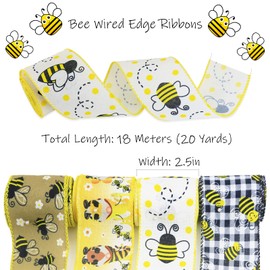 Bee Ribbon Bee Wired Edge Ribbons, Bumble Honey Bee Gnome Dot Yellow Wreath Ribbon Summer Teachers' Day Easter Sewing DIY Craft Bee Fabric Burlap Yellow Ribbon for Bows Wrapping Party Decorative