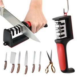 4-in-1 Knife & Scissor Sharpener – Quick & Easy Sharpening for All Knives and Scissors in Under 1 Minute – Non-Slip Handle, Compact Design with Storage Hook – Durable, Safe, Affordable Kitchen Tool