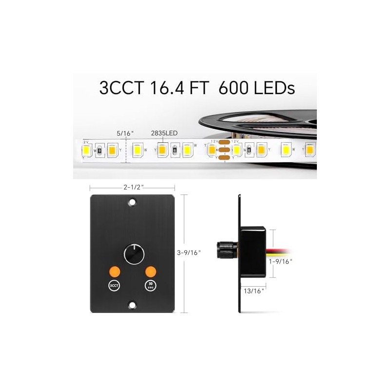 3CCT Flexible 16.4ft LED Strip Light with 12V CCT Switchable