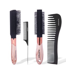 Majestique 4Pcs Paddle Hair Brush, Detangling Brush and Hair Comb Set for Men and Women, Great On Wet or Dry Hair, No More Tangle Hairbrush for Long Thick Thin Curly Natural Hair Multi-colored