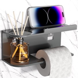 Toilet Paper Holder Wall Mount - Strong Adhesive or Screw Mount Bathroom Toilet Paper Holder with Shelf- SUS304 Stainless Steel Tissue Roll Storage - Holds Phone, Reed Diffuser(1PCS, Grey)
