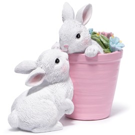 Hodao Set of 2 Easter Bunny Figurines Decor - Adorable Easter Rabbit Sculptures with Floral Accents, Spring Tabletop Decorations, 6 Inches Tall (White)