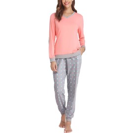 Prosoft&Hawiton Womens Pj Set Cotton Long Sleeve Pajama Sets 2 Piece Sleepwear V Neck Loungewear Drawstring Pants with Pockets Pink