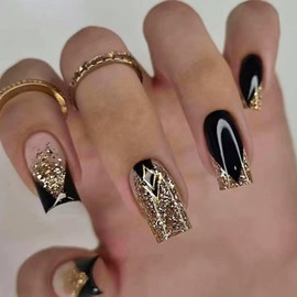 Gold Glitter Press on Nails Black Full Cover Fake Nails with French Tip Design Glossy Glue on Nails Reusable Artificial Acrylic False Nails Medium Square Stick on Nails for Women Girls Manicure 24Pcs