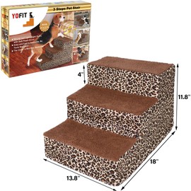 yofit Doggy Steps - Non-Slip 3 Steps Pet Stairs for Cats and Dogs, Foldable Plastic with Washable Carpet Holds Up to 50 lbs (Leopard)