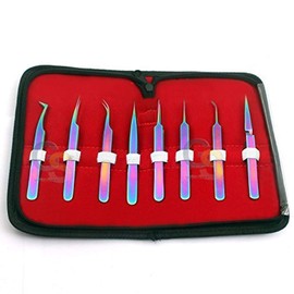 SET OF 8 PIECE STAINLESS STEEL MULTI RAINBOW COLOR EYELASH EXTENSION TWEEZERS by G.S ONLINE STORE