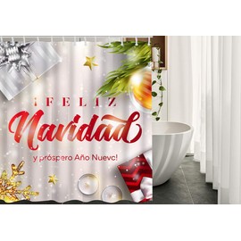 AOYEGO Feliz Navidad Shower Curtain with Hooks Merry Christmas and Happy New Year in Spanish Shiny Leaf Fabric Shower Curtain Decorative 60x72 Inch Polyester for Bathrooms Bathtubs Farmhouse