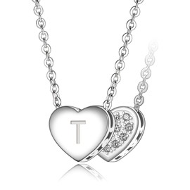 ELEGANZIA Initial Heart Necklaces for Women Daughter Jewelry, Sterling Silver 26 Capital Letter Alphabet Heart Pendant with Cubic Zirconia (T)