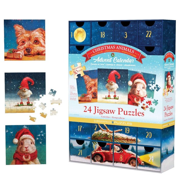 EuroGraphics Funny Animals by Lucia Hefferman Advent Calendar with 24 Christmas Jigsaw Puzzles, 5 x 5 inches (8924-5734)