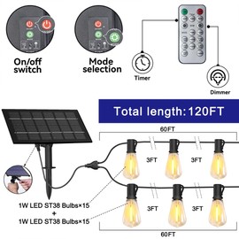 Stright Solar String Lights for Outside 120FT with Remote Control 8 Light Modes, Weatherproof Shatterproof ST38 LED Bulb 30 Sockets for Backyard Porch Cafe, Large Solar Panel