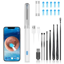 Wax Removal Tool for Ears, Earwax Remover Tools with 1080P Camera & 6LED Light & 8 Pcs Ear Set, Earwax Cleaning Kit with 10 Ear Spoon, Camera for iOS & Android (White)