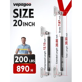Vepagoo Gas Struts 20 Inch 200Lb/890N Shock with Mounting Brackets, RV Bed Storage Door Lift Kit, Heavy Lid Duty Springs (Fit 185lb-215lb Lid), 2pcs (1pair)