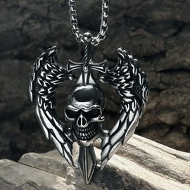bahamut Mens Skull Angel wings Pendant Necklace for Men,Silver Goth Accessory Jewelry with Stainless Steel Chain (Silver Skull Wings)