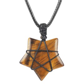 Ladeukoi Natural Stone Five Star Pendant Necklace for Women Men, Handmade Crystal Point Healing Chakra Reiki Amulet Adjustable 17-30 Inches, Stone