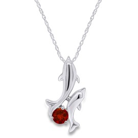 AFFY Round Cut Simulated Garnet Playing Dolphins Pendant Necklace in 14k White Gold Over Sterling Silver