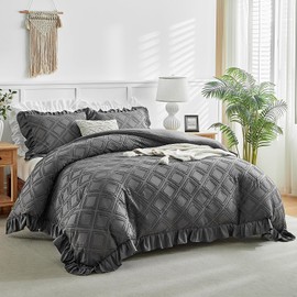 Tufted Ruffle Duvet Cover Set King Size, 3 Pieces Vintage Farmhouse Shabby Chic Ruffled Duvet Cover with Zipper Closure, Luxury Jacquard Boho Bohemian Bedding Set (Dark Grey, King)