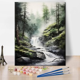 TUMOVO Paint by Numbers for Adults Waterfall in The Woods Adults' Paint by Number Kits Misty Forest Landscape Art Painting Kits with Brushes Oil Painting Art Crafts 16x20 in