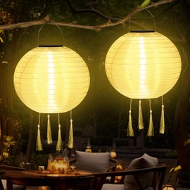 YIFMOO Solar Lanterns, Pack of 2 25 cm Lanterns, Outdoor Weatherproof, Solar LED Waterproof Lantern with 4 Tassels, Nylon Hanging Solar Lanterns for Gardens, Yards, Balconies, Wedding Decoration (Warm