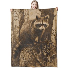 CUEBOS Vintage Raccoon Flannel Throw Blanket 50x60 Inch, Rustic Forest Wildlife Blankets Soft Cozy Fleece Throws for Animal Lover Bed Sofa Dorm Living Room Retro Woodland Home Decor Gifts