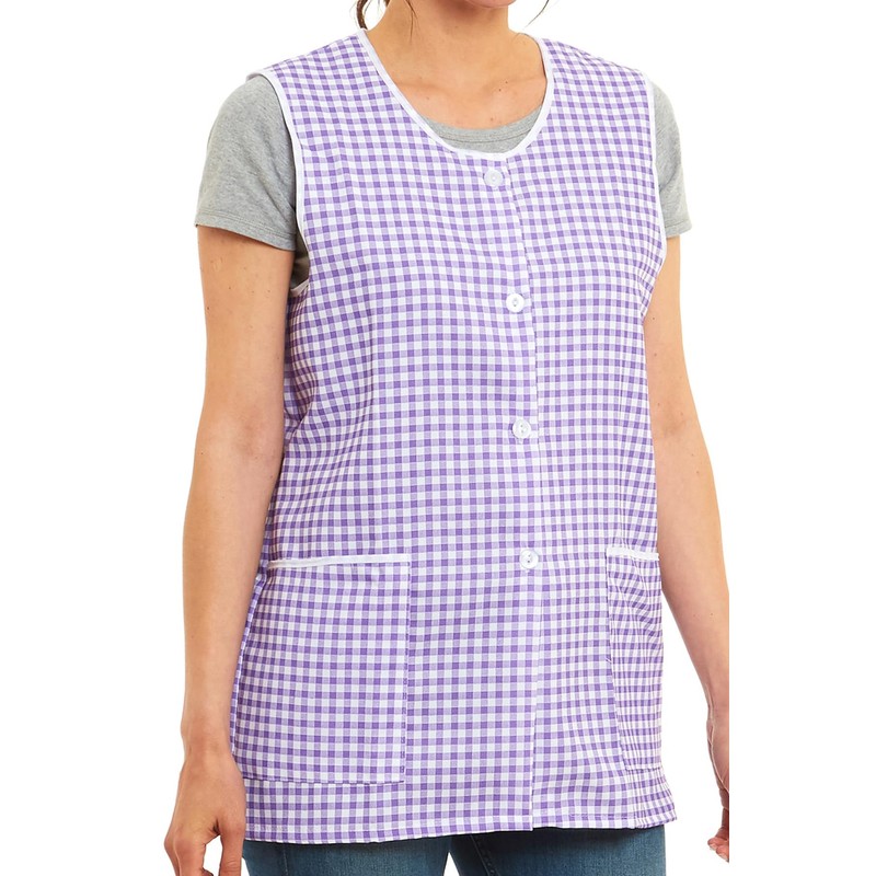 Ladies Gingham Buttons Through Design Piping Tabard Apron Overalls Front