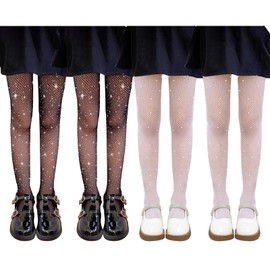 JSTHHTT 4-Pack Girls Thin Rhinestone Fishnet Sparkle Tights, Toddler Kids Sparkle Rhinestone Tights Ballet Costume, Sparkle Fishnet Stockings for Ballet Dance, Glitter Stockings Pantyhose for Girls