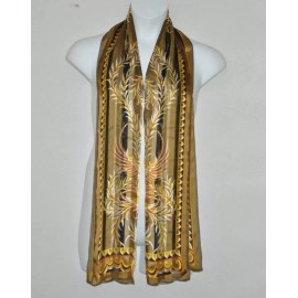 Bob Mackie Wearable Art Phoenix Print Oblong Silk Scarf W/Gift Box--Olive Multi