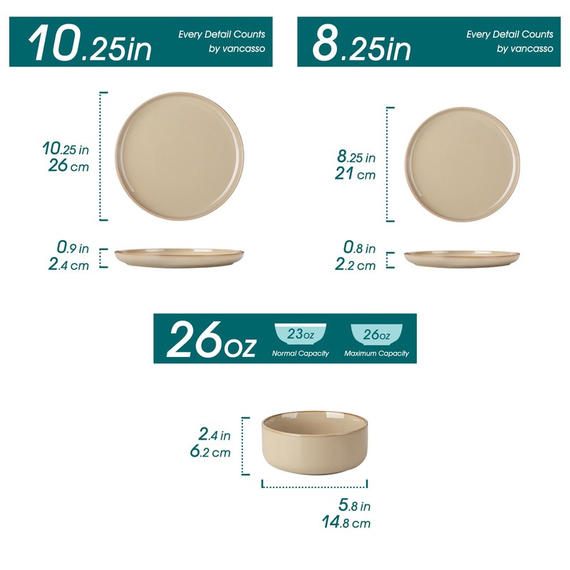 vancasso PLAYA Ceramic Plates and Bowls Sets, 18 Pieces Brown