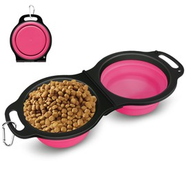 PNEUICALLY Collapsible Silicone Cat and Dog Travel Bowls,2 in 1 Foldable Pet Feeding and Watering Dish for Walking Camping Hiking with Carabiner (Rose Red)