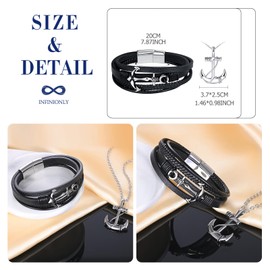 INFINIONLY Men's Stainless Steel Anchor Necklaces and Bracelets Jewellery Sets Creative Chains with Anchor Pendant Fashion Multilayer Braided Leather Bracelet with Anchor and Stainless Steel Clasp