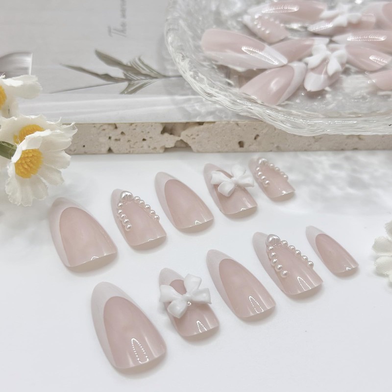 BRDXOOL Women's Nails Bow Nails Almond Nails Bright Colour Nail