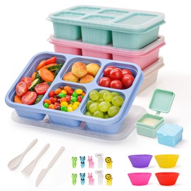 4 Pack Bento Snack Box, 5 Compartment Lunchable Snack Containers, Stackable Bento Lunch Boxes for Kids & Adults, Reusable Wheat Straw Meal Prep Lunch Containers for School，Work and Travel