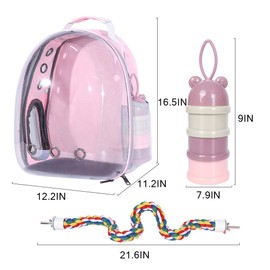 Pink Bird Backpack Carrier with Portable Bird Feeder Cups, Pet Bubble Carrier for Pet Birds, Airline-Approved, Ventilate Transparent Space Capsule Carrier Backpack for Travel, Hiking and Outdoor Use