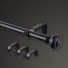 MODE Farmhouse Collection 1 1/8" Diameter Curtain Rod Set with Porch Doorknob Curtain Rod Finials and Steel Wall Mounted Adjustable Curtain Rod, Fits 72” to 144” Windows, Weathered Black
