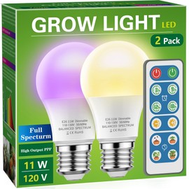 Briignite Grow Light Bulbs, 4 Full Spectrum Growth Modes, 3/9/12/18H Timing, A19 Dimmable Plant Light Bulb E26 Base, 11W Grow Bulb 100W Equivalent, Grow Light for Indoor Plants, Seed Starting, 2Pack