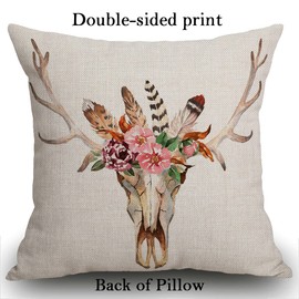 Smooffly Deer Skull Cotten Linen Cushion Cover, Bohemian Deer Head Taibal Wreath Flowers Feathers Decorative Square Throw Pillow Case for Couch Livingroom Sofa Bed 45cm x 45cm,18x18 Inches