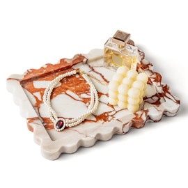 WORHE Marble Vanity Tray Luxury Scalloped Rectangle Stone Trays for Jewelry, Perfume, Makeup, Calacatta Viola Countertop Storage Organizer for Bathroom Kitchen Nightstand Home Decor Red (WH062)